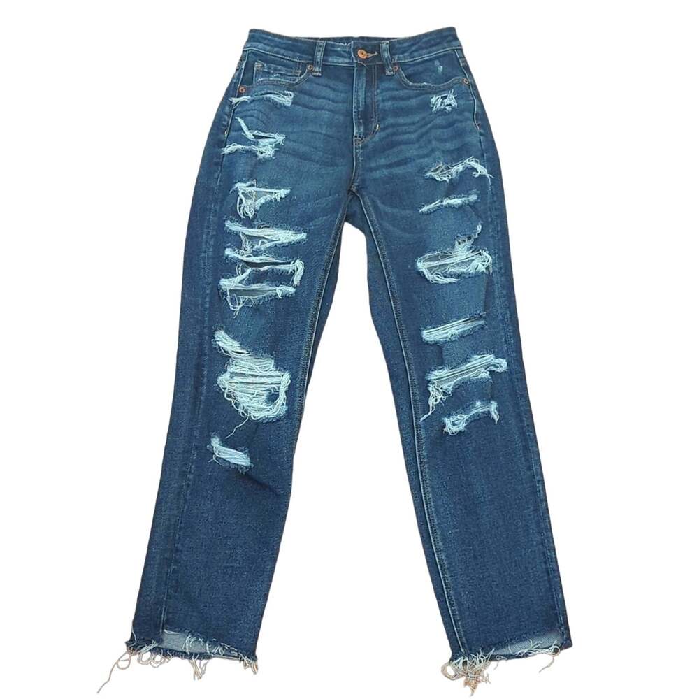 American Eagle Super Distressed, Raw Hem High Rise Mom Jean